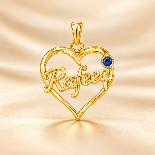 22K Gold Heart Name Pendant with Blue Stone