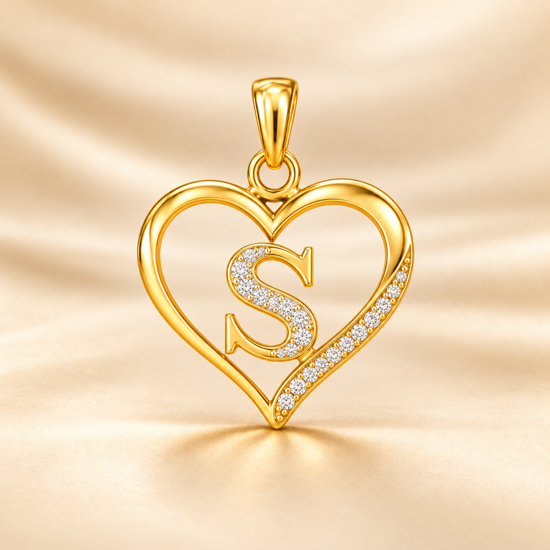 22K Gold Heart Initial Pendant with Stone Letter