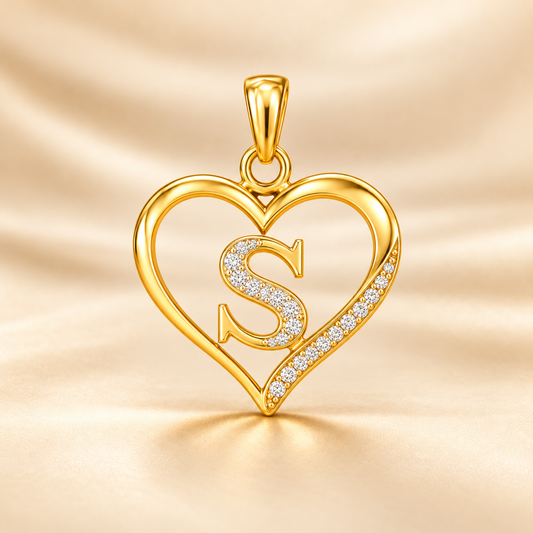 22K Gold Heart Initial Pendant with Stone Letter