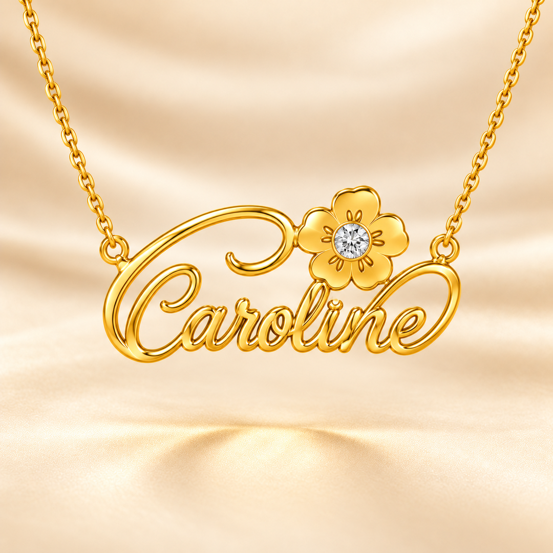 22K Gold Script Name Pendant with Flower Stone