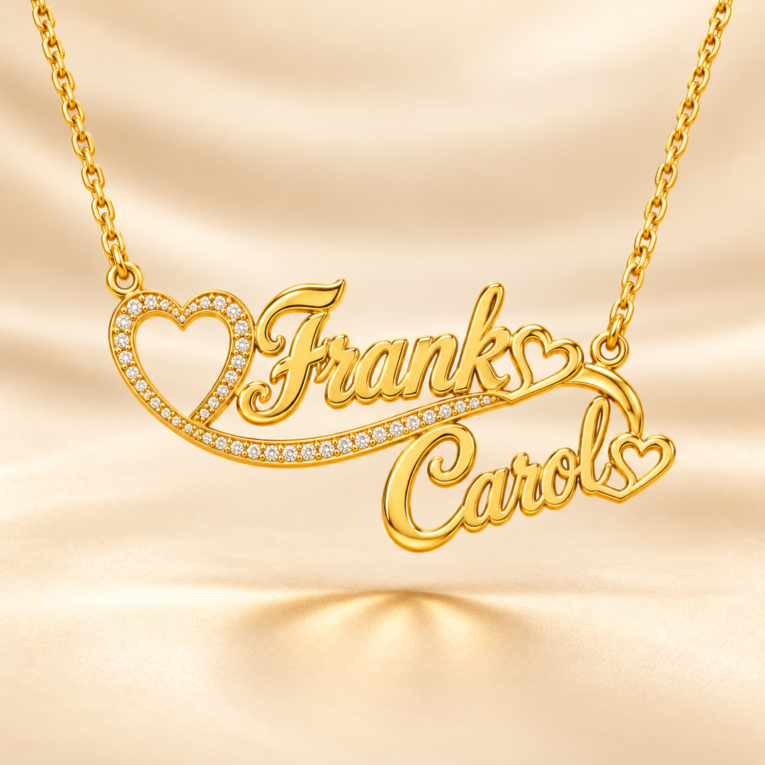 22K Gold Couple Names Pendant with Stone Heart