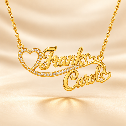 22K Gold Couple Names Pendant with Stone Heart
