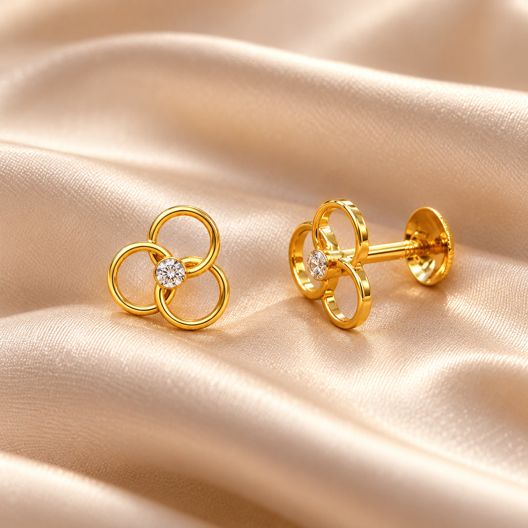 Gold Triple Circle Diamond Stud Earrings