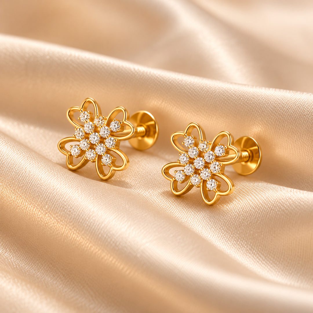 Gold Butterfly Floral Diamond Stud Earrings