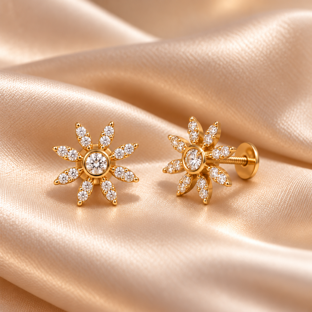 Gold Eight Petal Floral Diamond Stud Earrings