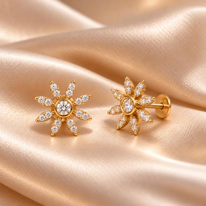 Gold Eight Petal Floral Diamond Stud Earrings