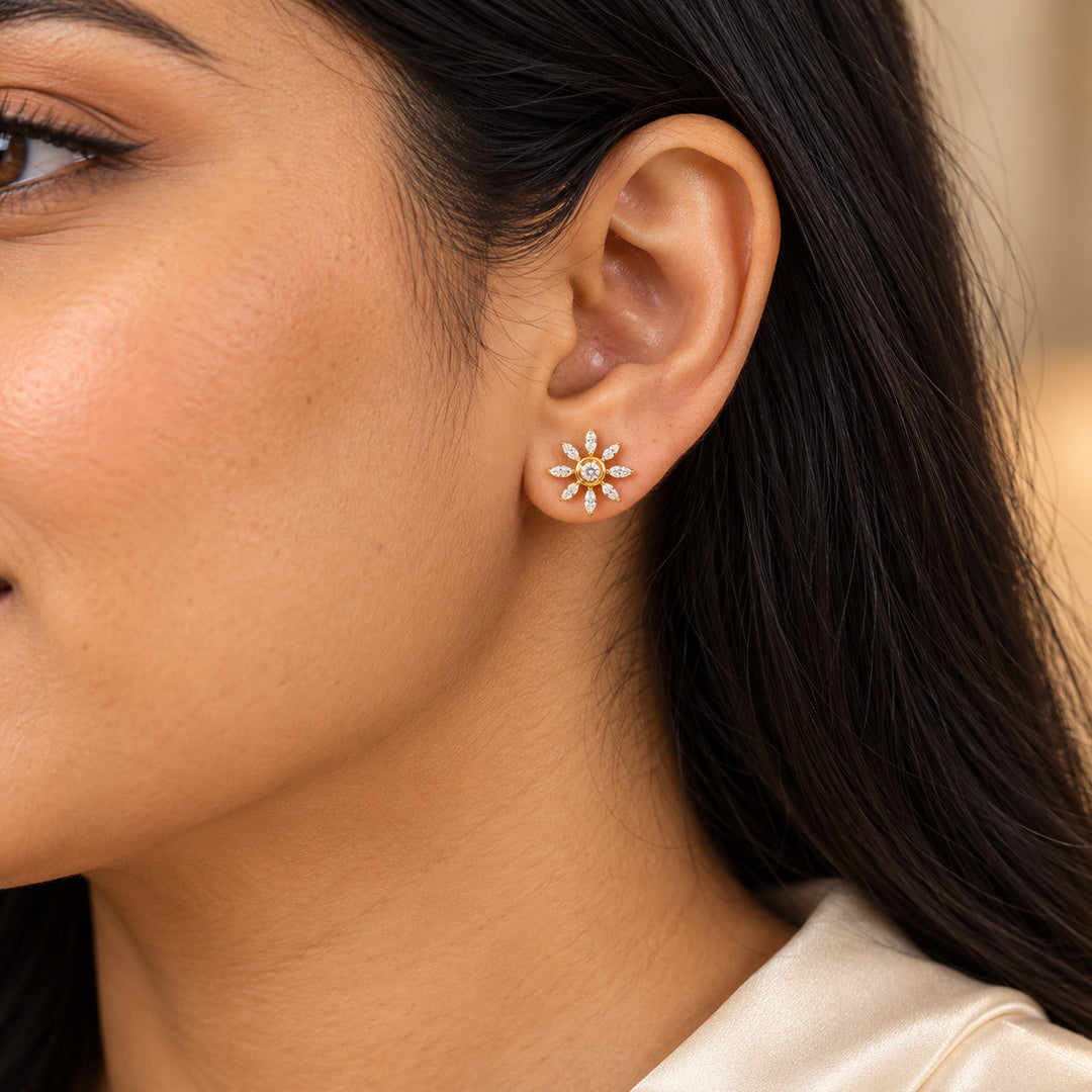 Gold Eight Petal Floral Diamond Stud Earrings