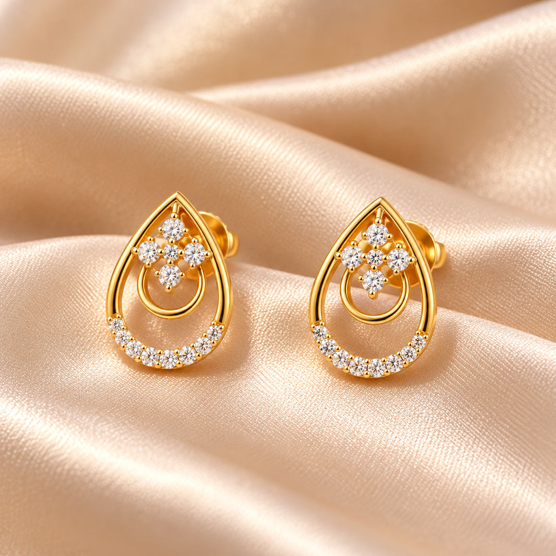 Gold Teardrop Floral Diamond Stud Earrings