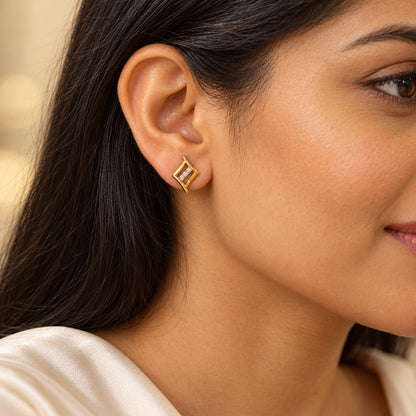 Gold Geometric Diamond Bar Stud Earrings