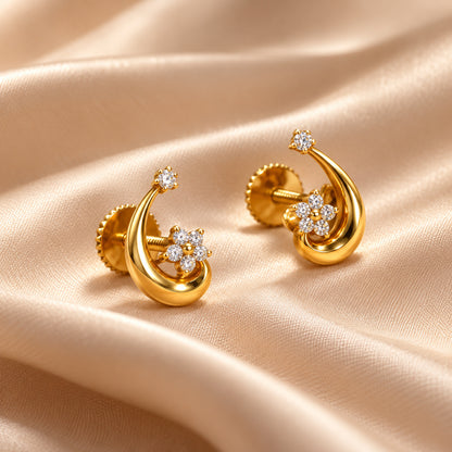 Gold Floral Swirl Diamond Stud Earrings
