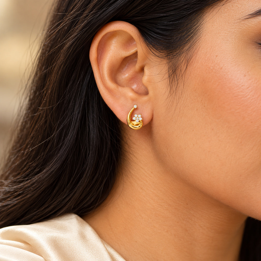 Gold Floral Swirl Diamond Stud Earrings