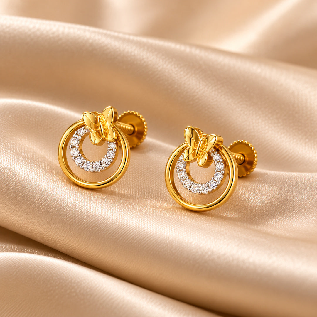 Gold Butterfly Double Circle Diamond Stud Earrings