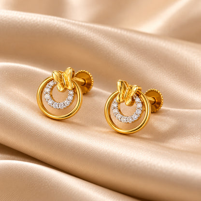 Gold Butterfly Double Circle Diamond Stud Earrings