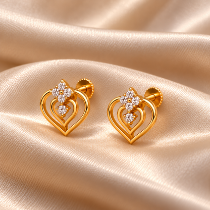 Gold Double Heart Floral Diamond Stud Earrings