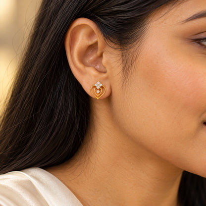 Gold Double Heart Floral Diamond Stud Earrings