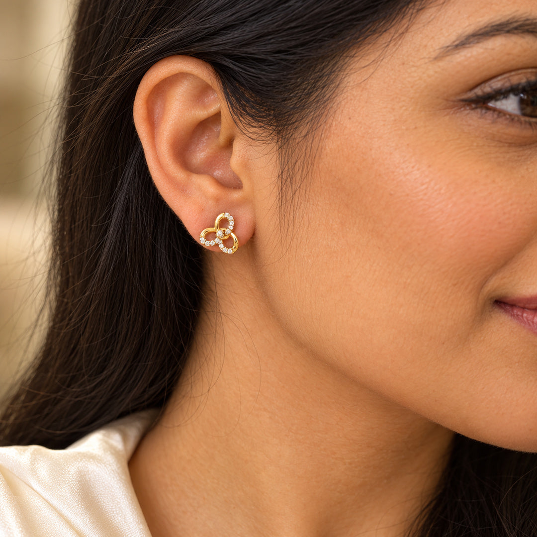 Gold Interlocking Triple Loop Diamond Stud Earrings