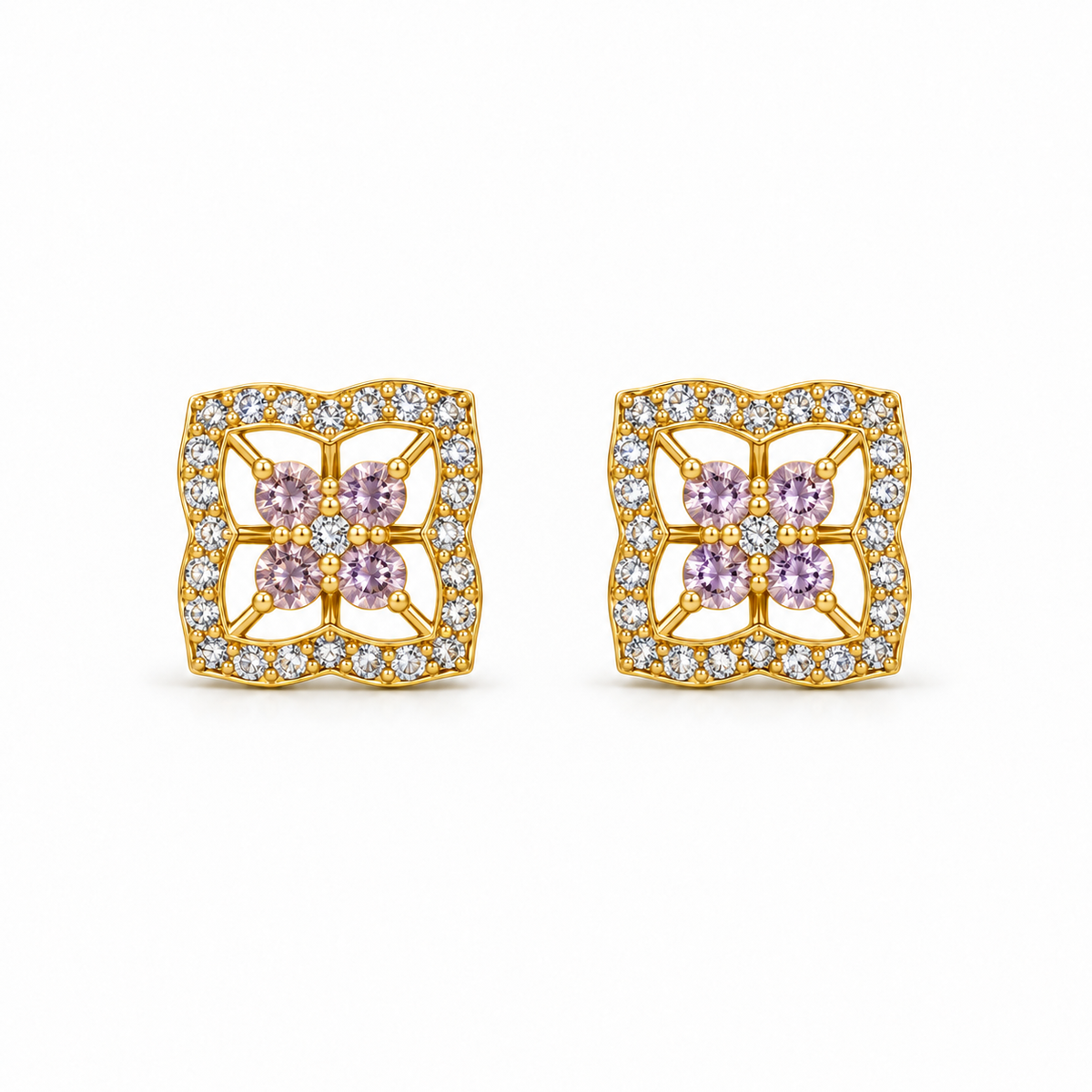 Golden Silver Square Floral Stud