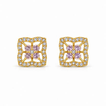 Golden Silver Square Floral Stud