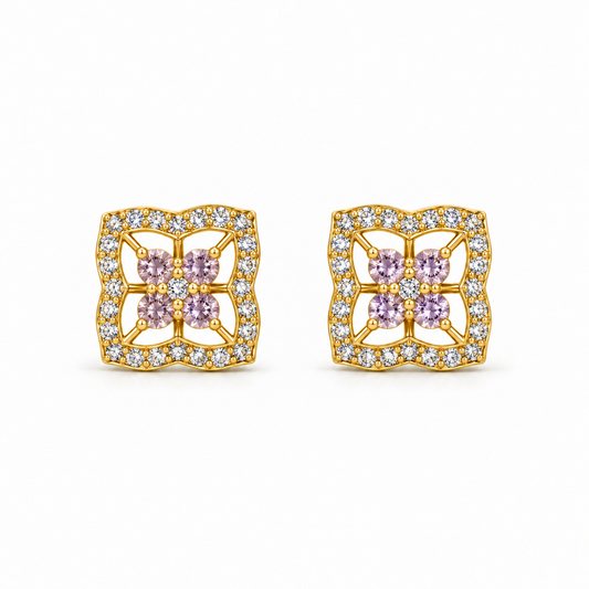 Golden Silver Square Floral Stud