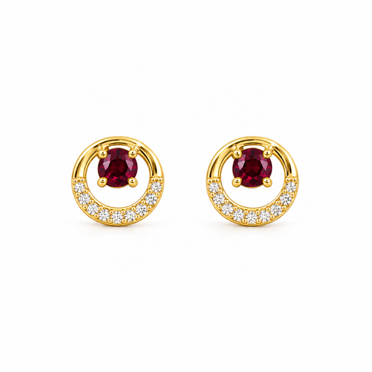 9K Gold Red Stone Circle Studs