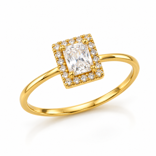 18K Gold Rectangular Halo White Stone Ring