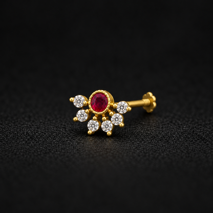 Golden Silver Ruby Red Floral Nose Pin