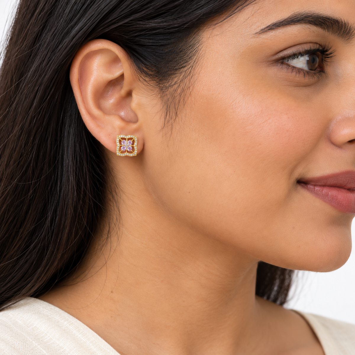 Golden Silver Square Floral Stud