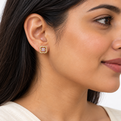 Golden Silver Square Floral Stud