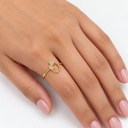 18K Gold Twin Square Stone Beaded Ring