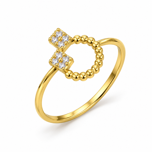 18K Gold Twin Square Stone Beaded Ring