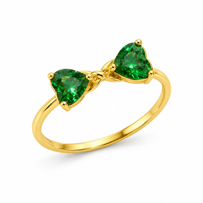 18K Gold Twin Green Heart Stone Ring