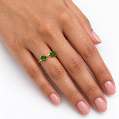 18K Gold Twin Green Heart Stone Ring