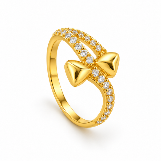 18K Gold Elegant Twin Heart White Stone Ring