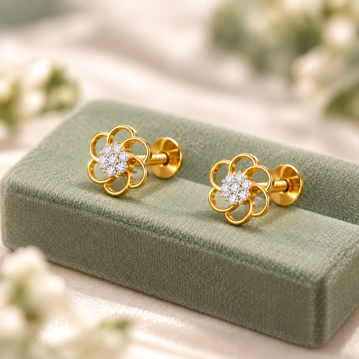 Gold Swirl Floral Diamond Cluster Stud Earrings