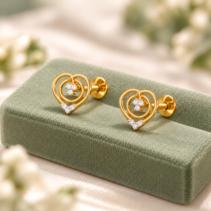 Gold Double Heart Diamond Cluster Stud Earrings