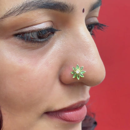 Golden Silver Green Floral NosePin NP018
